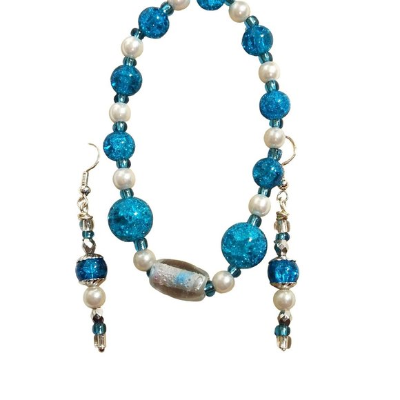 Turquoise Blue Pearl Silver Bracelet Earrings Set - Picture 1 of 3